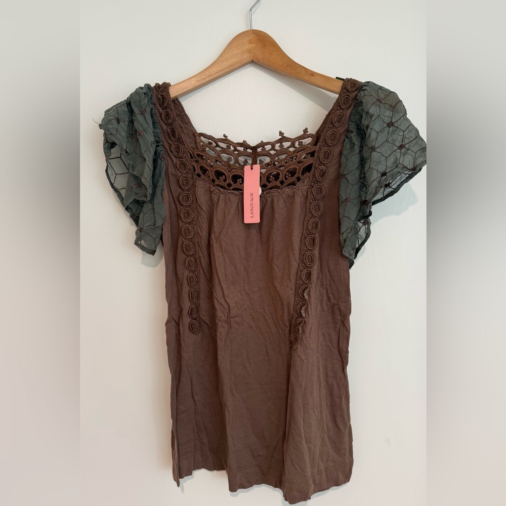 Language Brown Tunic with Olive Textured Sleeves